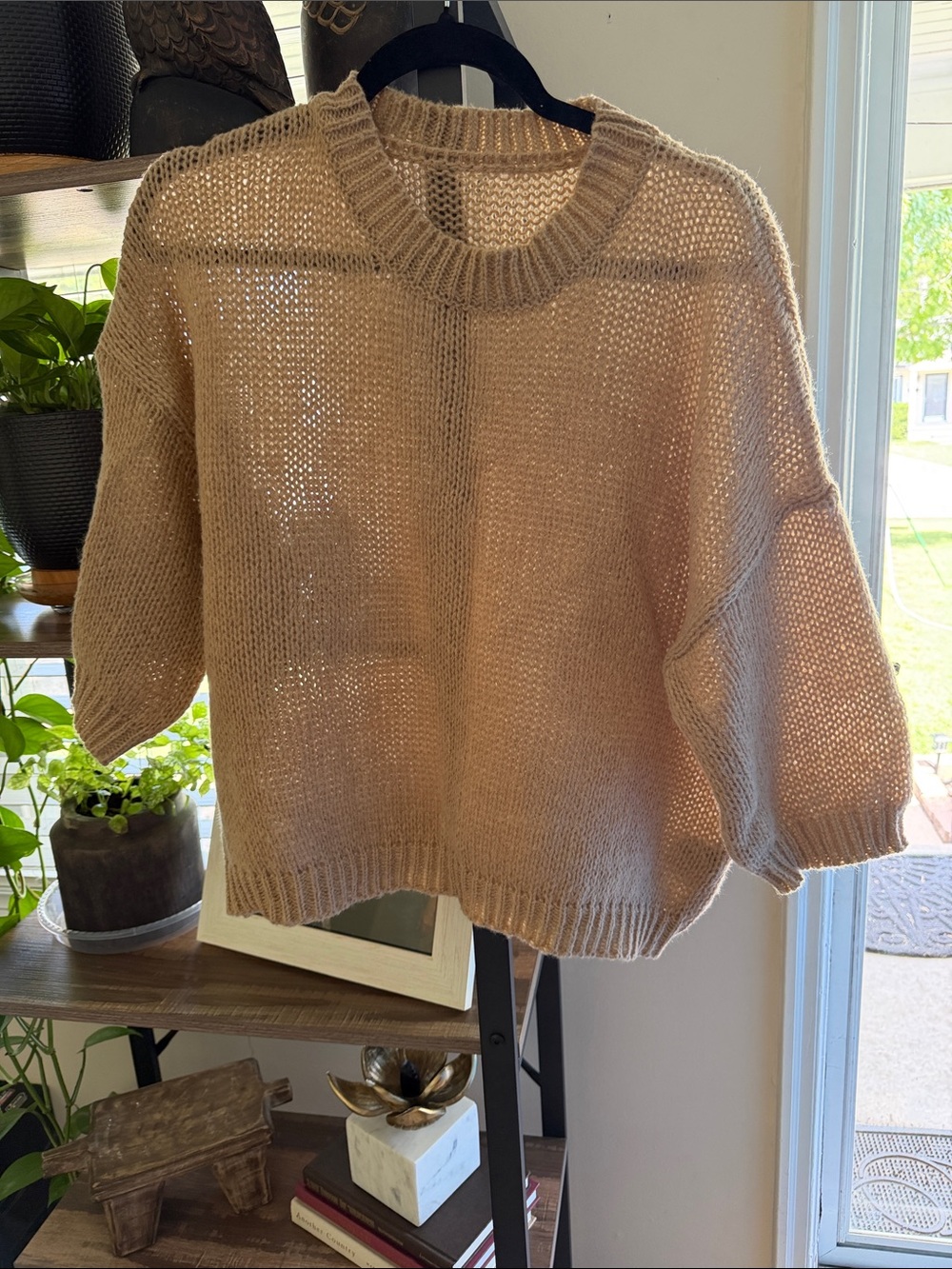SHEIN Beige Open-Knit Crewneck Sweater